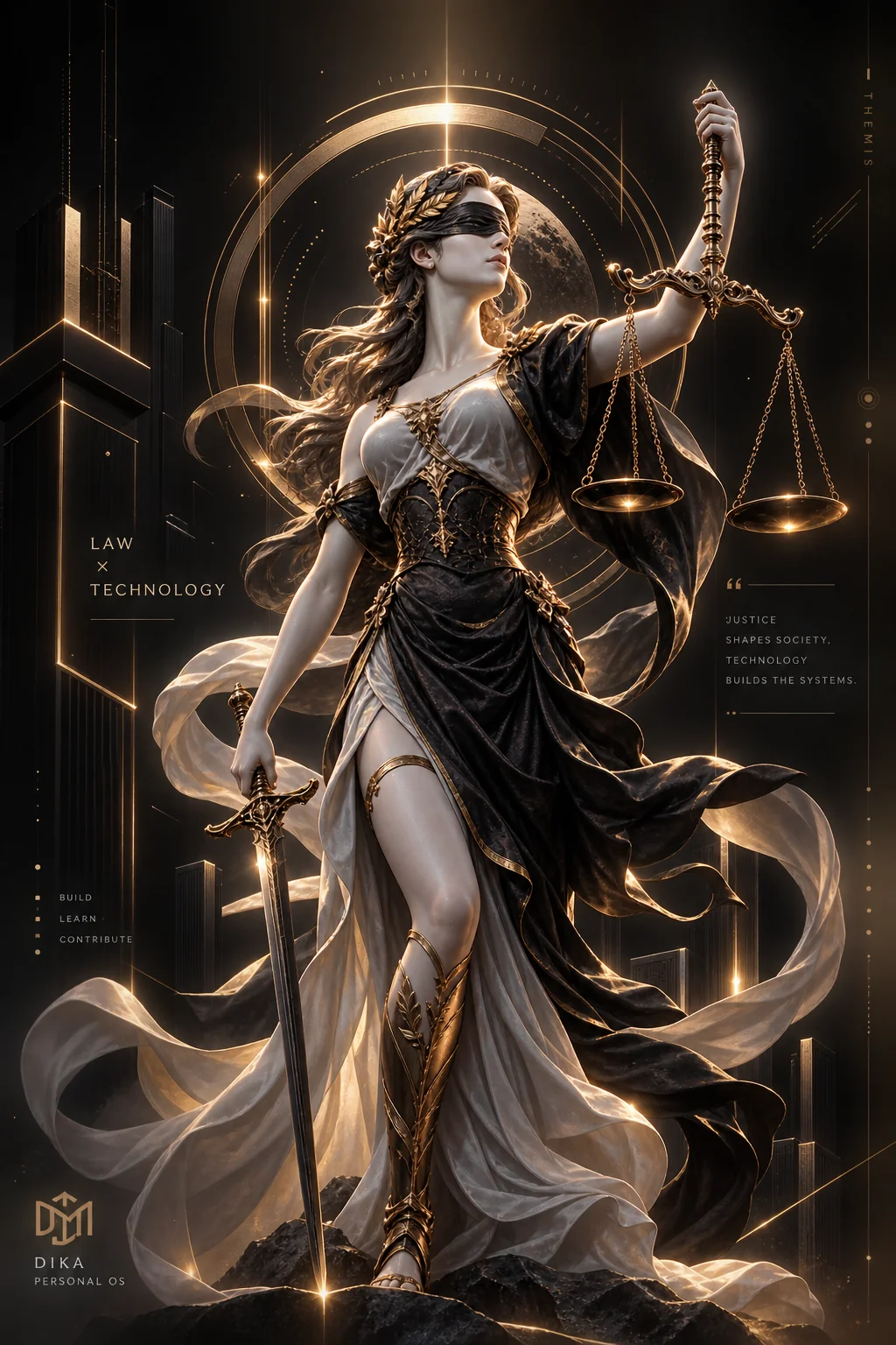Futuristic Lady Themis representing law and technology
